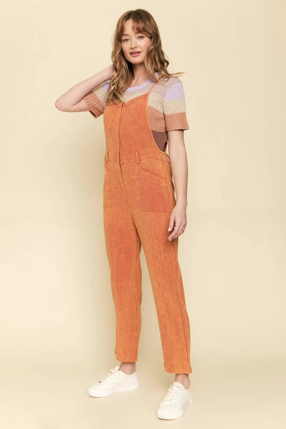 Mystree Mystree Washed Zip-Up Overall in Tangerine - One-Pieces