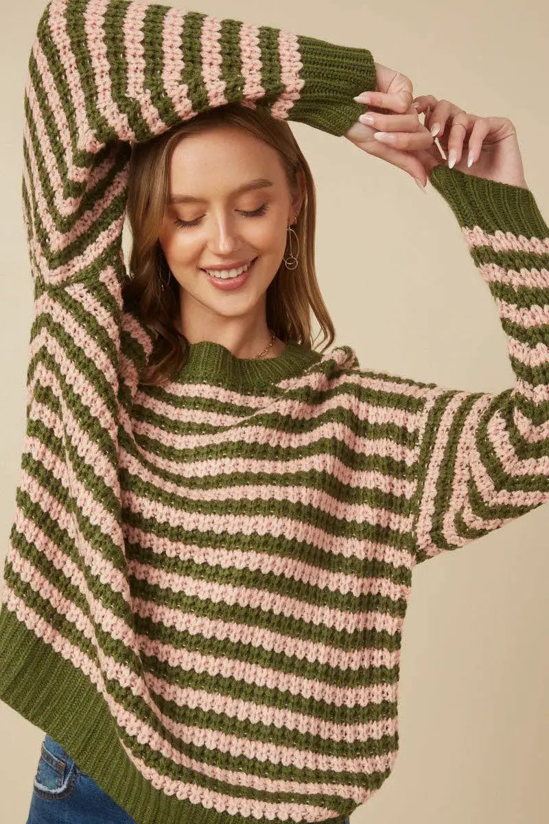 Hayden LA Hayden LA - Womens Striped Drop Shoulder Low Gauge Sweater: Olive & Pink Mix - Sweaters
