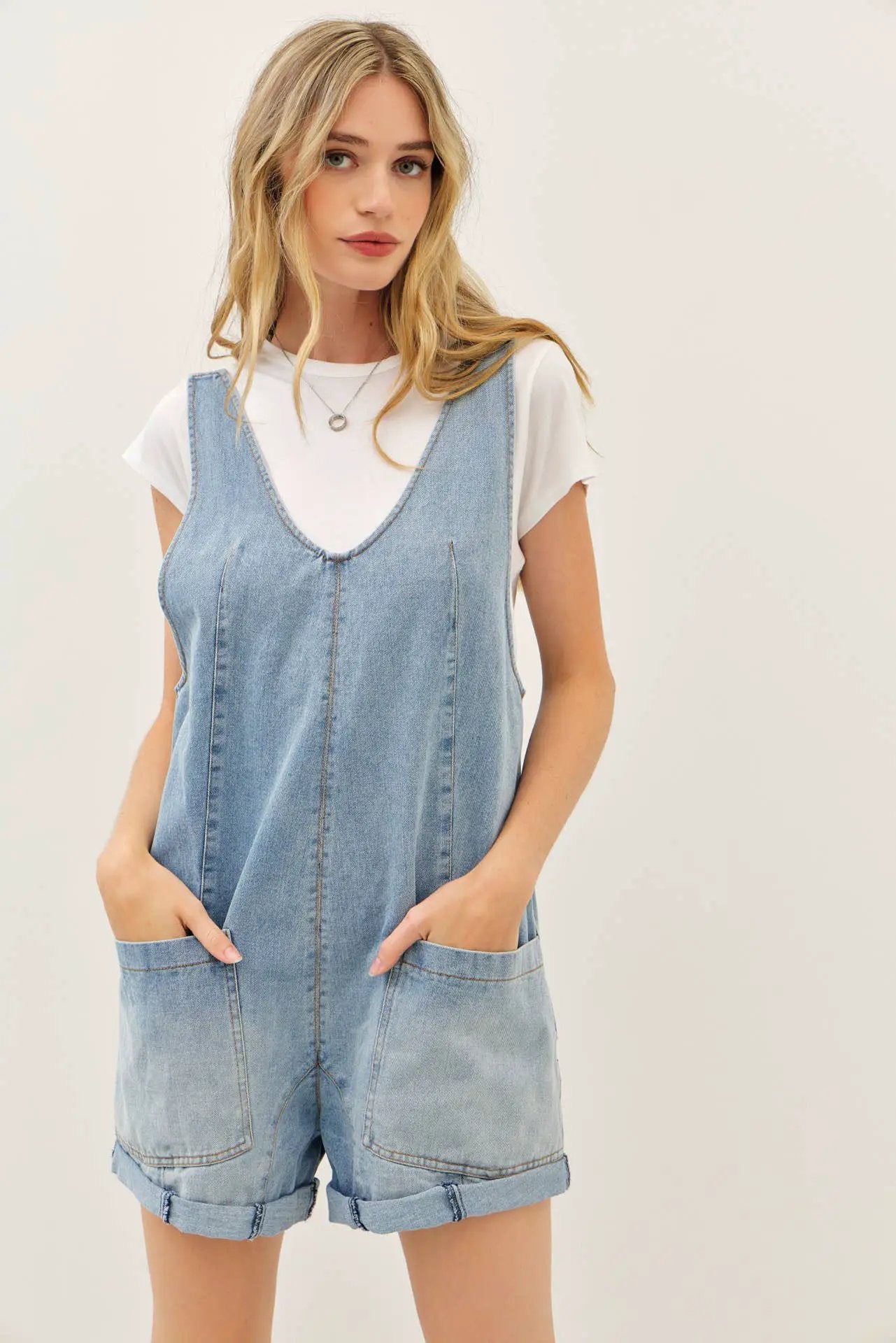 idem ditto RELAXED FIT WASHED DENIM ROMPER WITH FRONT POCKETS - One-Pieces