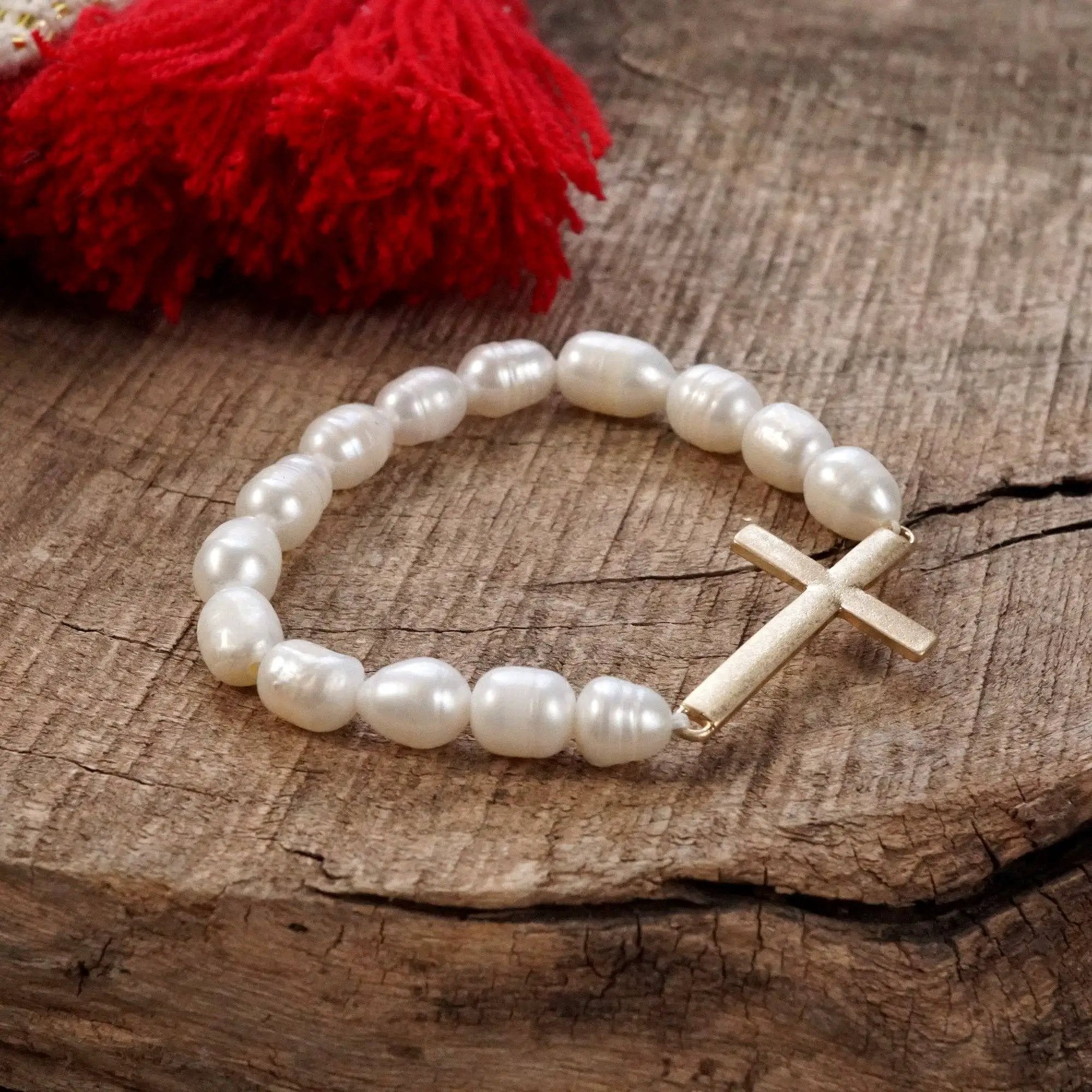 PennyLine inc The Faith Freshwater Pearl Gold Cross Bracelet - Jewelry sideways cross bracelet