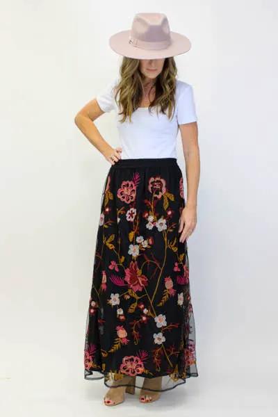 Avani Del Amour Avani Del Amour Black Frock Multicolor Embroidered Floral Maxi Skirt - Skirts