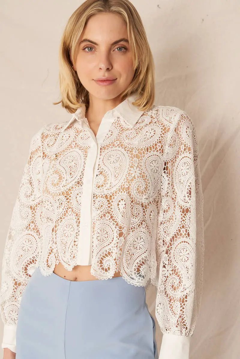 En Crème En Crème White Long Sleeve Paisley Lace Button Down Top - Blouses