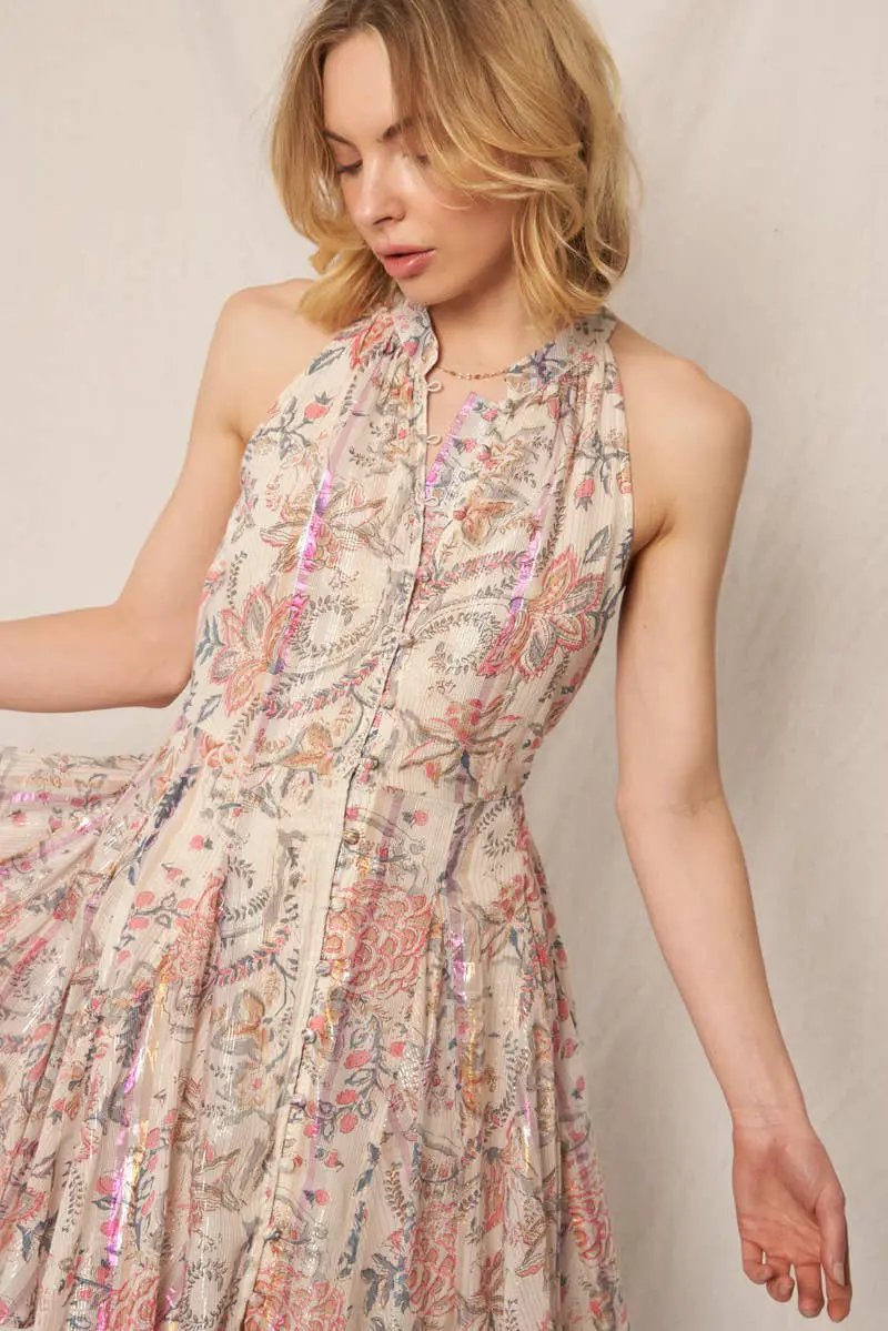 En Crème En Crème Ivory Pink Metallic & Blue Sleeveless Pleated Dress with Button Detail - Dresses sleeveless pleated dress