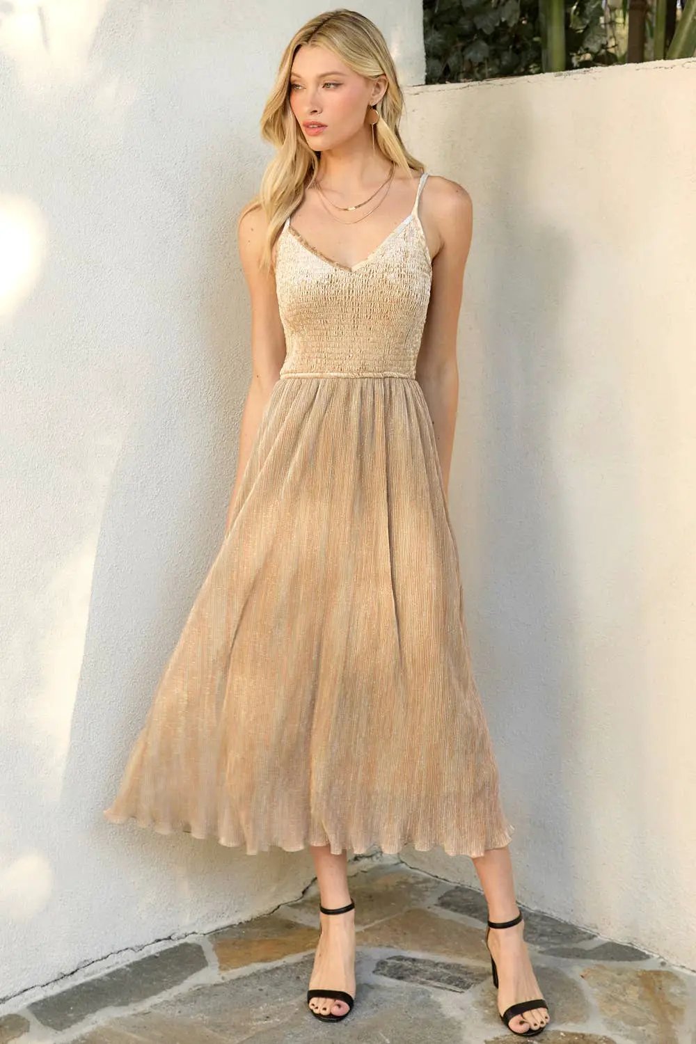 Mystree Mystree Shiny Mixed Cami Midi Dress in Champagne - Dresses
