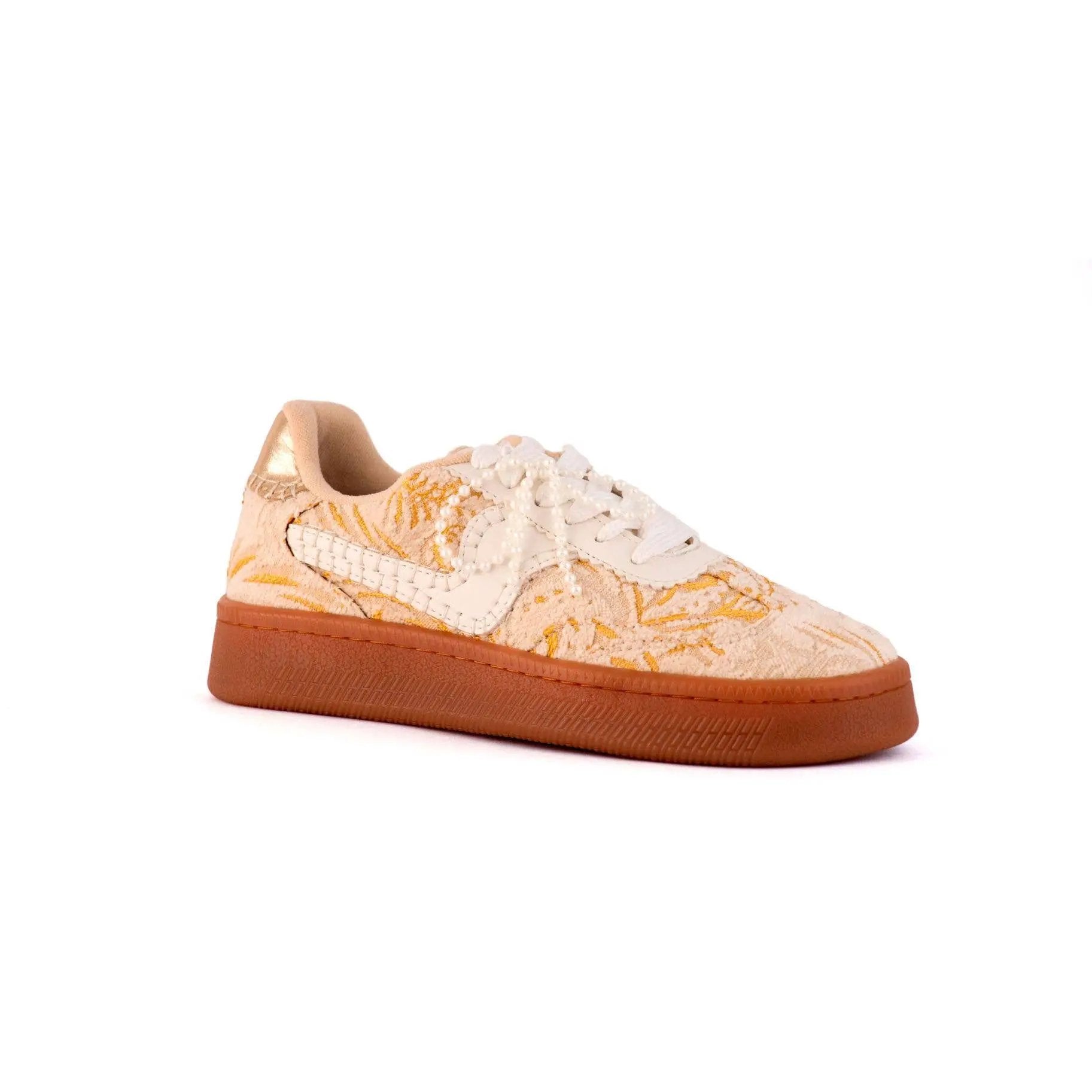 Maker's Shoes Maker's Shoes - Gold Lena Embroidered Fashion Sneakers with Pearl Bow Charms - Sneakers
