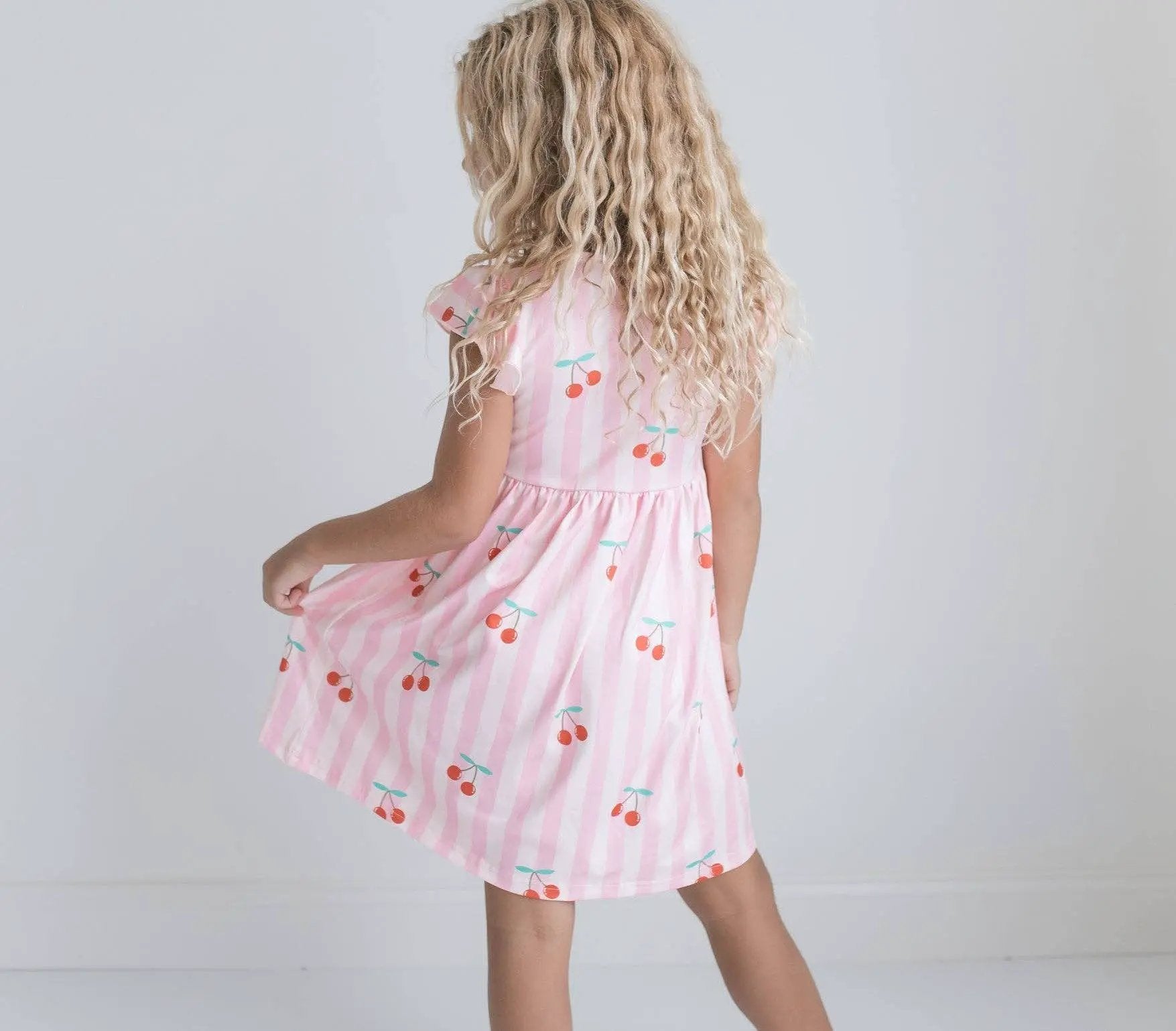 Adorable Sweetness Adorable Sweetness - Girls Claire Pink Stripe Cherry Spring Summer Twirl Dress - Dresses