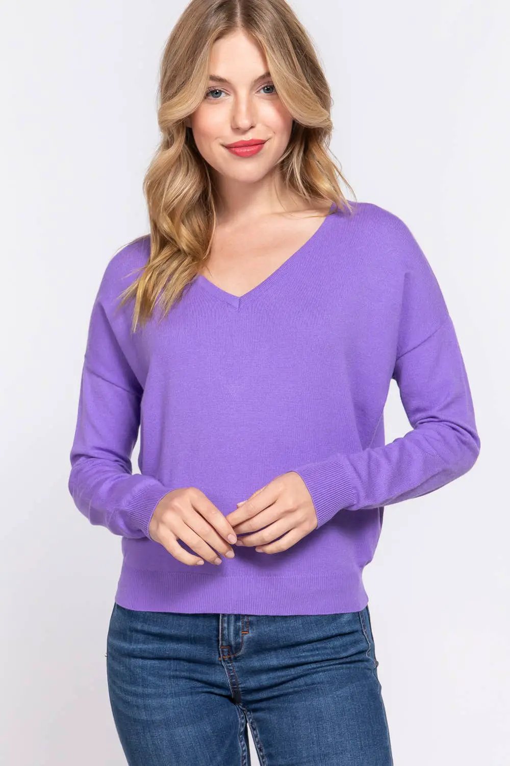 Active Basic | Active USA Purple Cross My Heart V-Neck Sweater - Sweaters Purple V-neck back detailed sweater