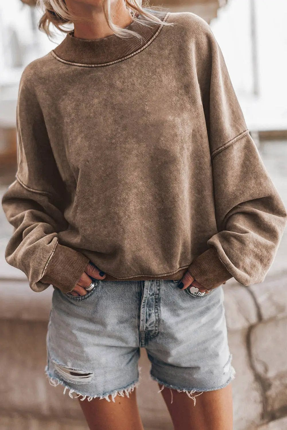 Suhkasana Mocha Brown Mineral Washed Mock Neck Crewneck Sweatshirt - Sweatshirts