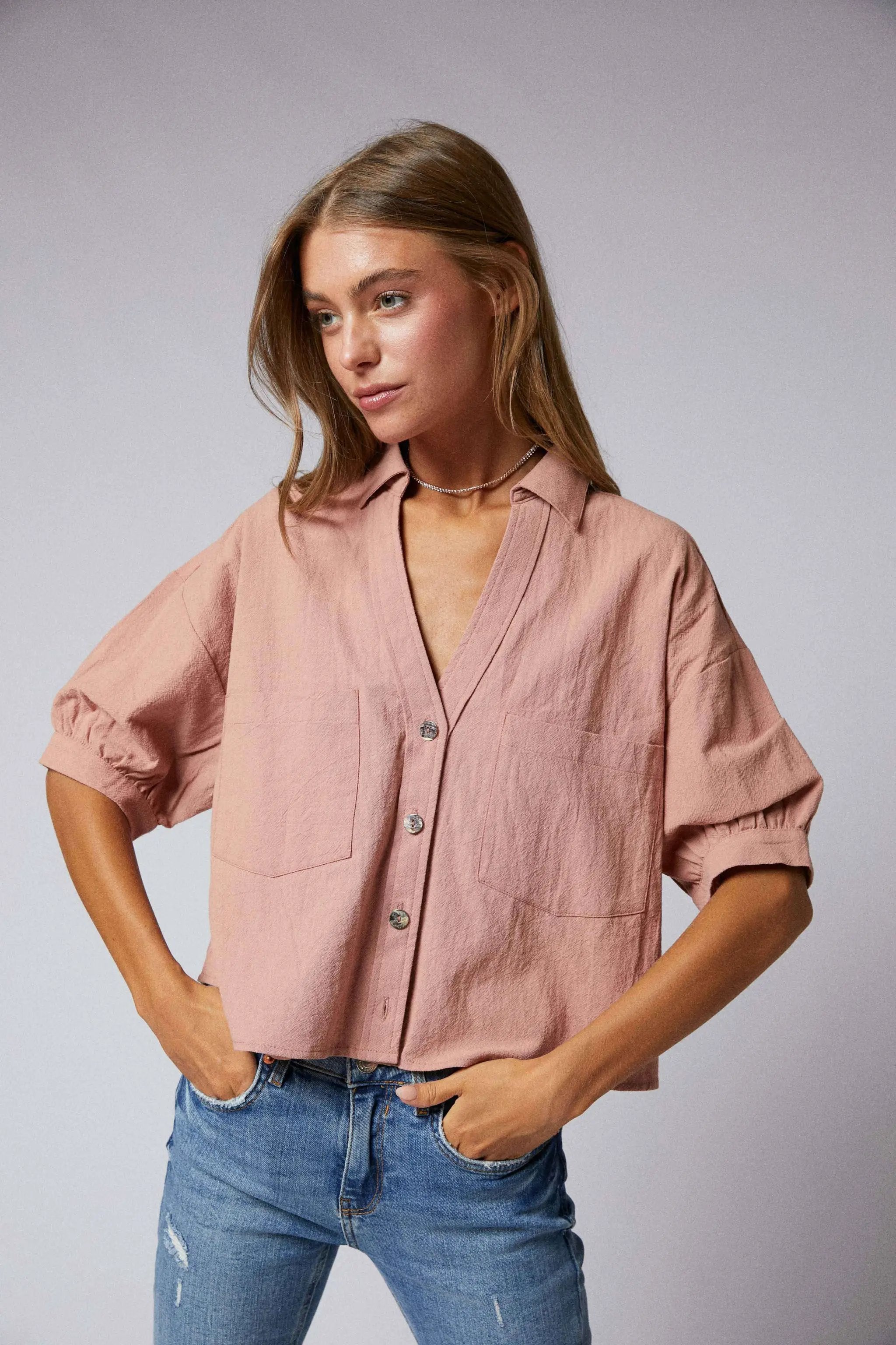 Cerule Elbow Sleeves Button Down 2 Pocket Crop Shirt - Shirts
