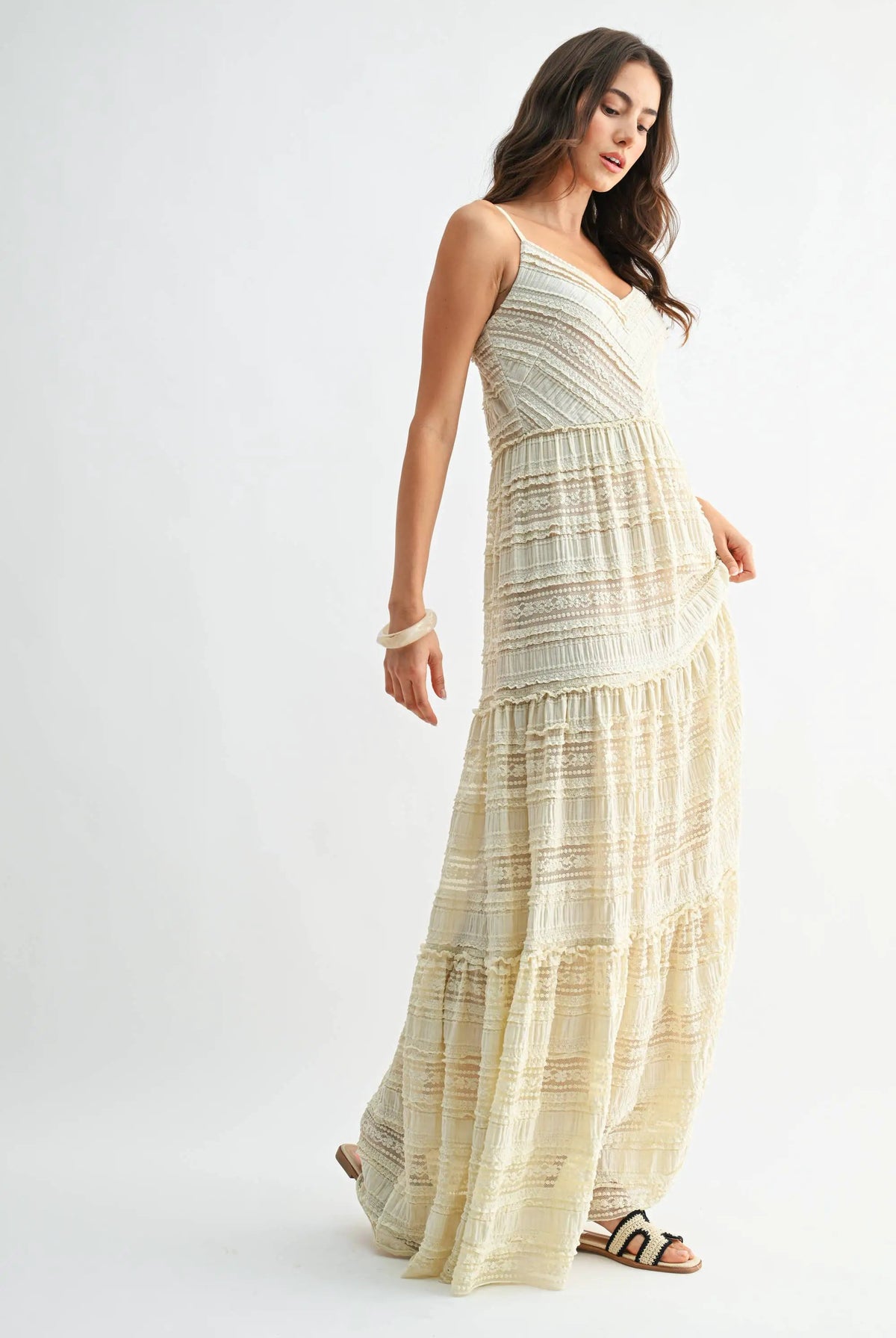 Camellia The Tiered Lace Maxi Dress with Spaghetti Straps: CREAM - Dresses