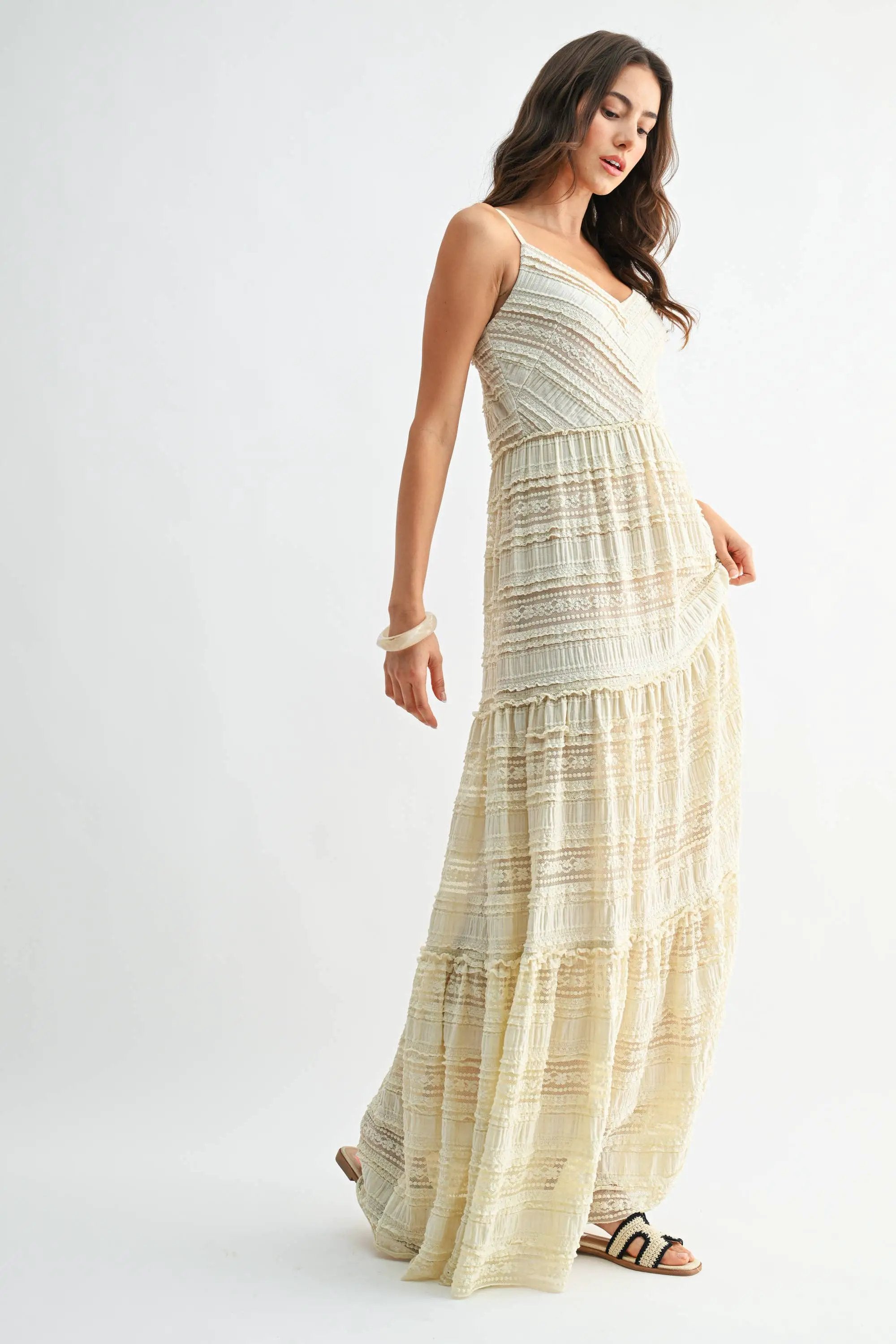 Camellia The Tiered Lace Maxi Dress with Spaghetti Straps: CREAM - Dresses