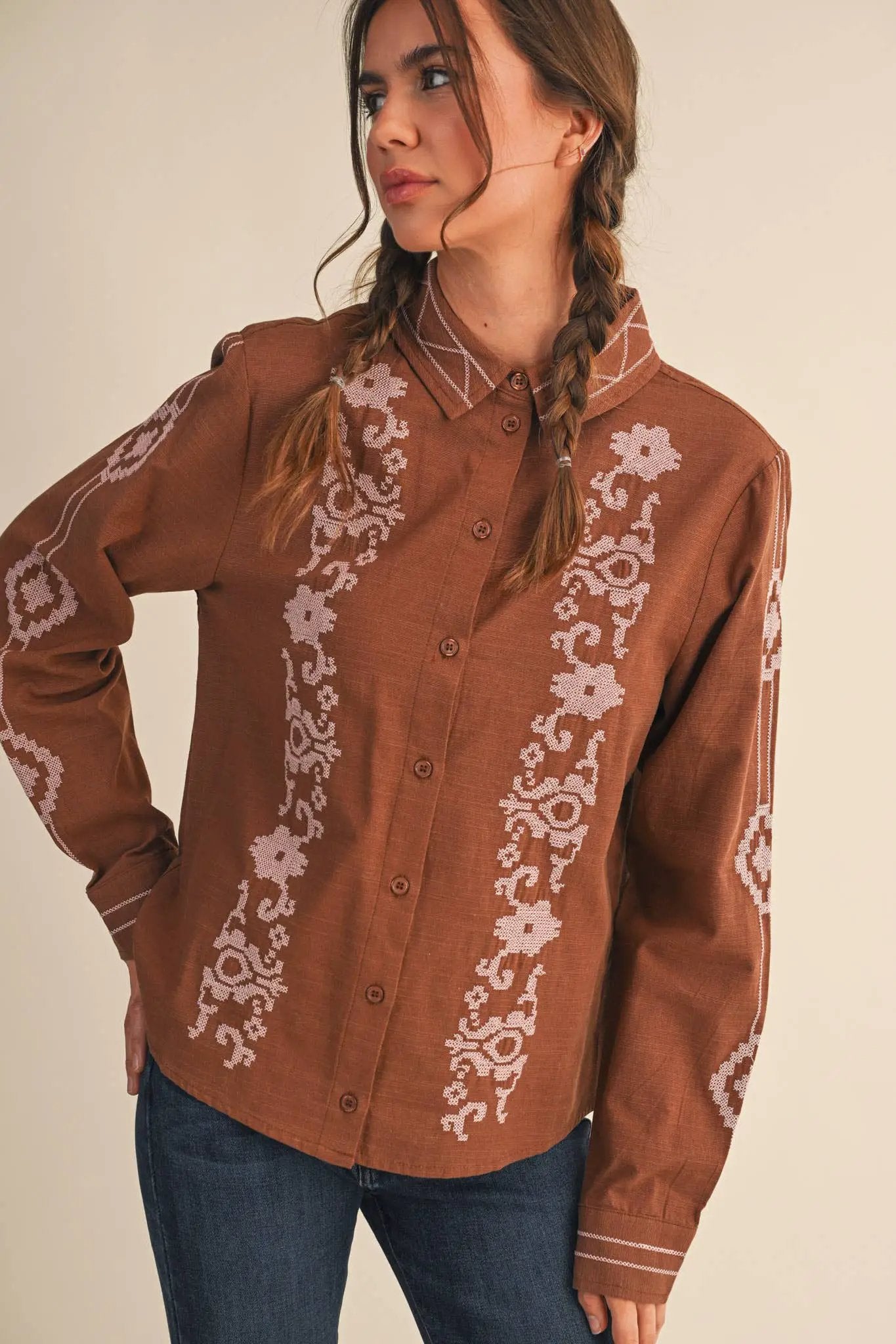 &MERCI &merci - Embroidered Button-Up Top in Mocha Brown - Blouses