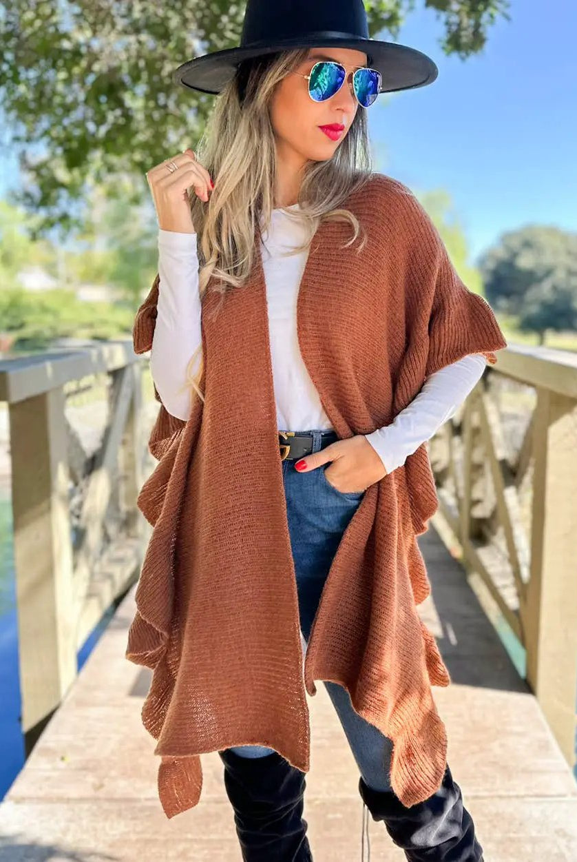 AMOLI The Soft Brown Ruffle Detail Open Front Lightweight Ruana Shawl - Scarves & Shawls