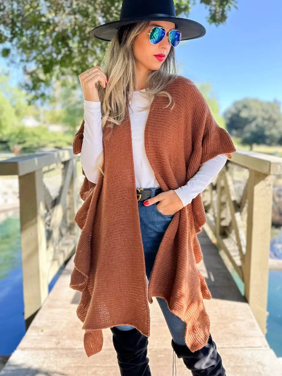 AMOLI The Soft Brown Ruffle Detail Open Front Lightweight Ruana Shawl - Scarves & Shawls