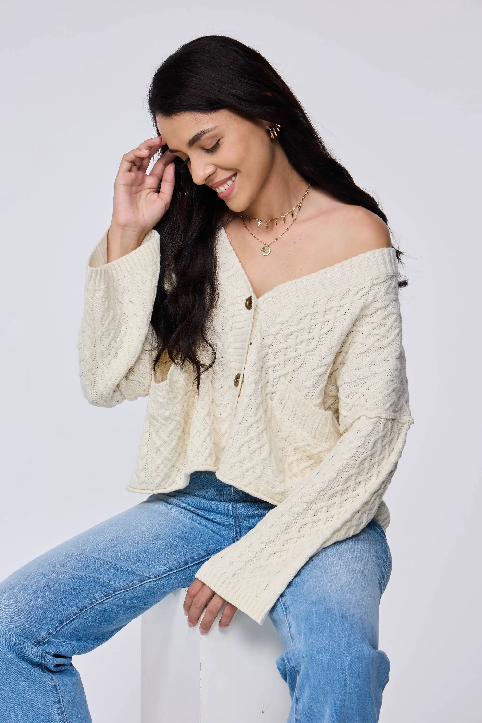 Lovesoft Lovesoft - 100% Acrylic Relaxed Cozy Cable Knit Cardigan - Apricot - Cardigans