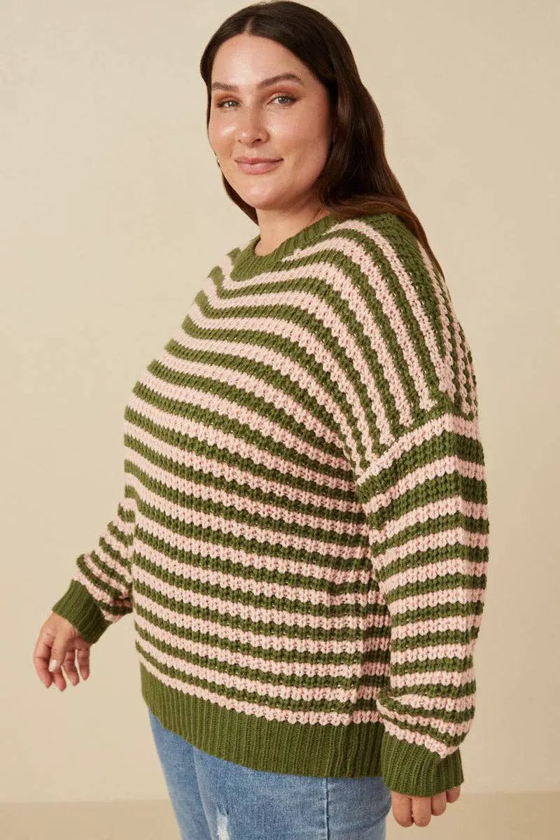 Hayden LA Hayden LA - Womens Striped Drop Shoulder Low Gauge Sweater: Olive & Pink Mix - Sweaters