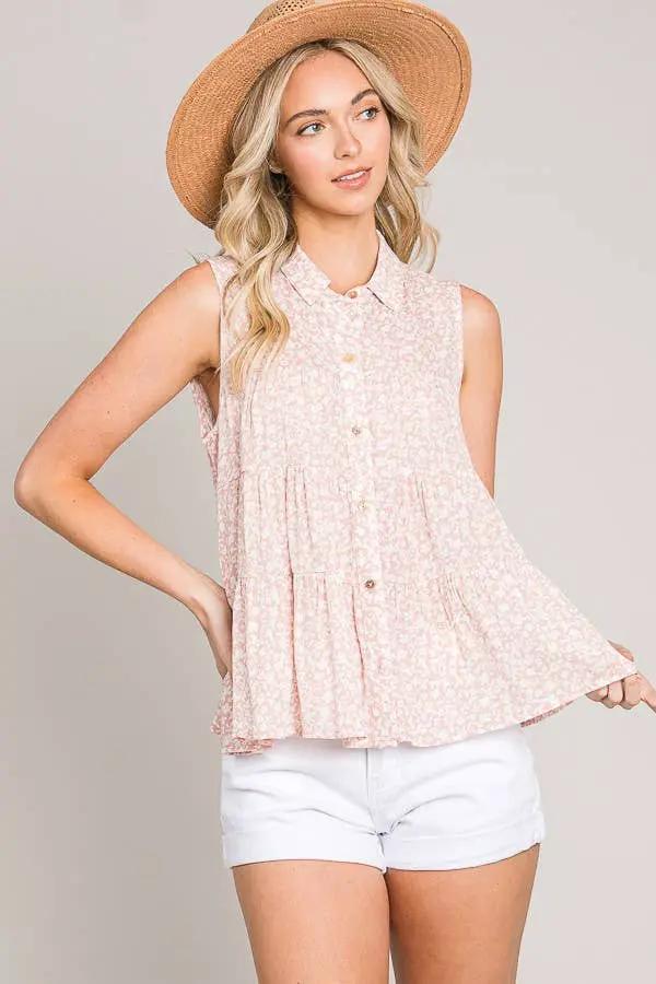 Cerule Ditsy Floral Button Up Sleeveless Ruffle Tiered Woven Shirt - Shirts