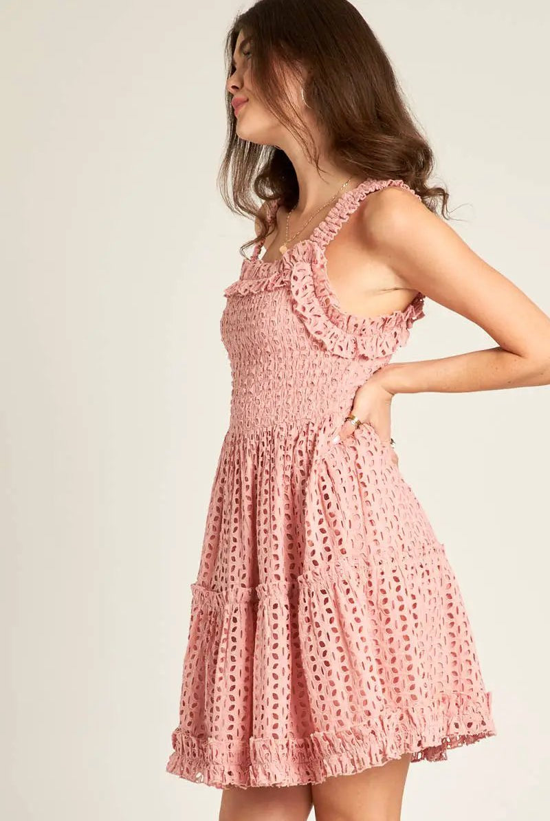 En Crème En Crème Sleeveless Square Neck Eyelet Mini Dress - Dresses