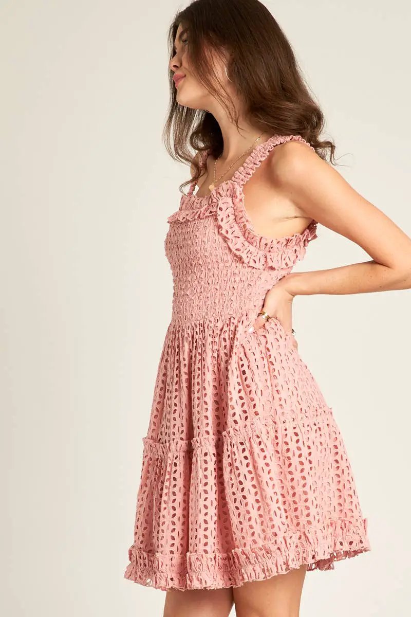 En Crème En Crème Sleeveless Square Neck Eyelet Mini Dress - Dresses