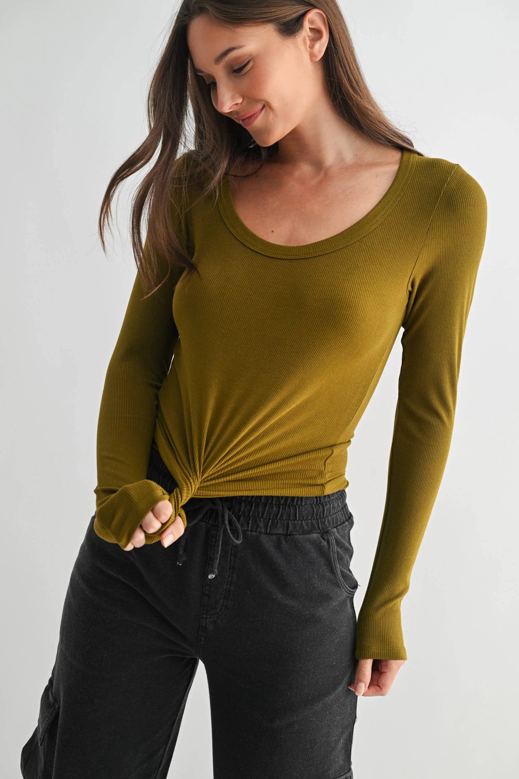 Mono B The Slim Fit Scoop Neck Micro-Ribbed Long Sleeve Top in Camo Green - Shirts Mono B - Slim Fit Scoop Neck Micro-Ribbed Long Sleeve Top