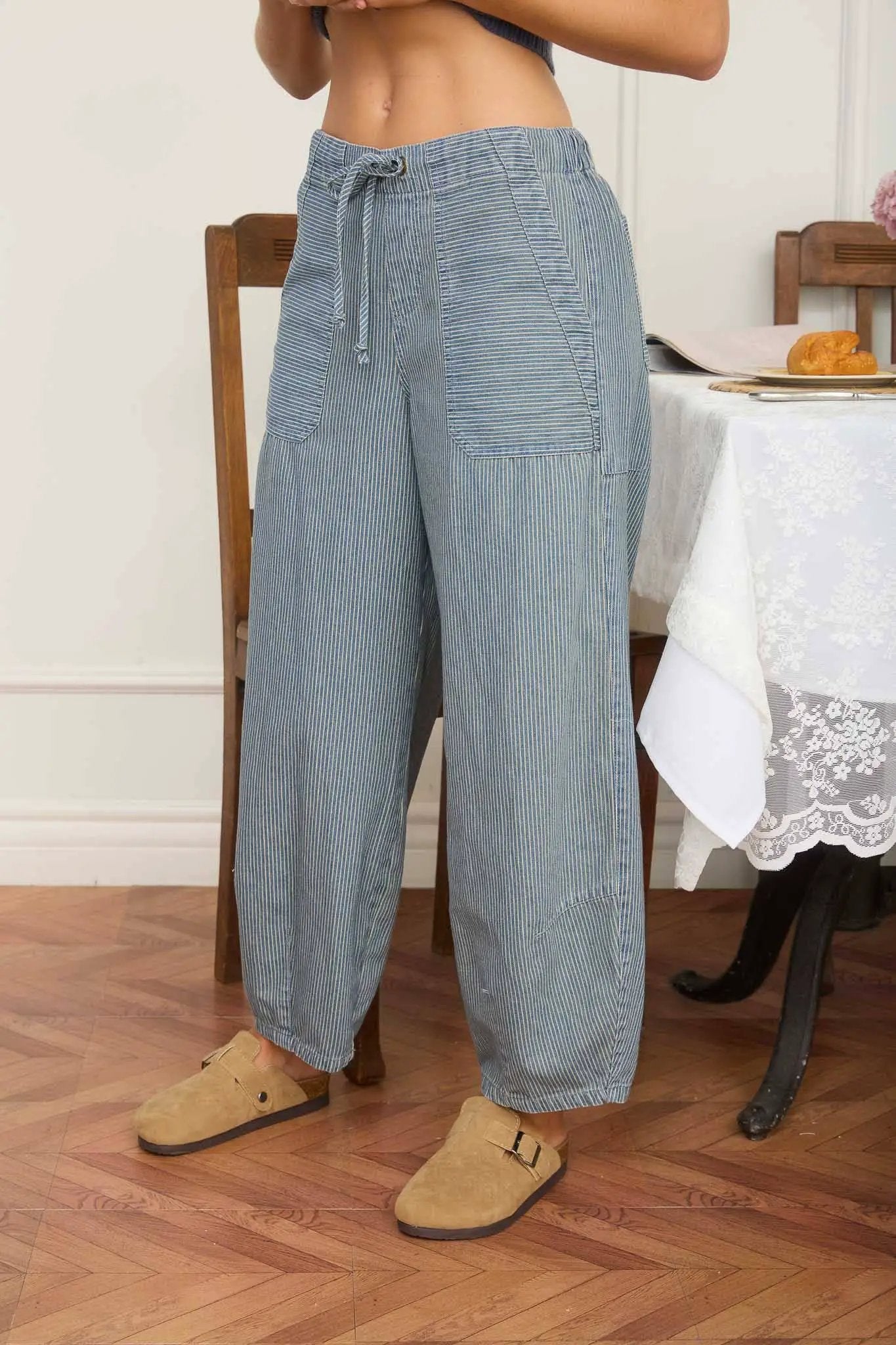 Blu Pepper Blu Pepper High-Waist Stripe Denim Parachute Pants with Drawstring Tie - Pants