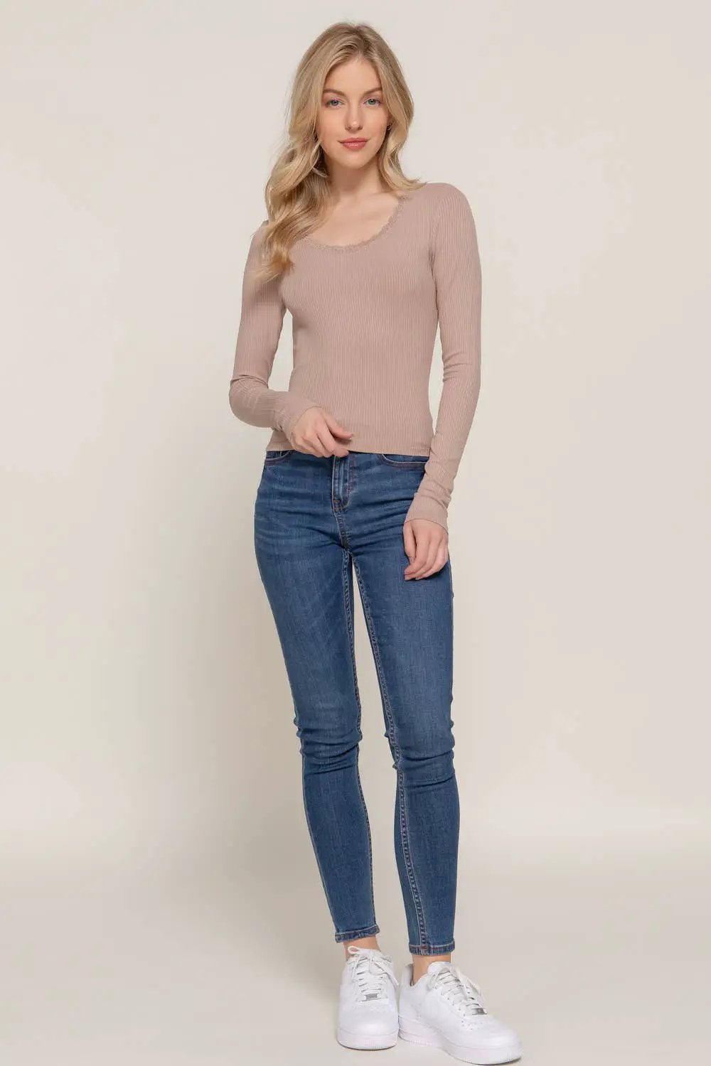 Active Basic | Active USA Active Basic | Active USA - Long Sleeve Scoop Neck with Lace Trim Rib Knit Top in Army Olive - Sweaters
