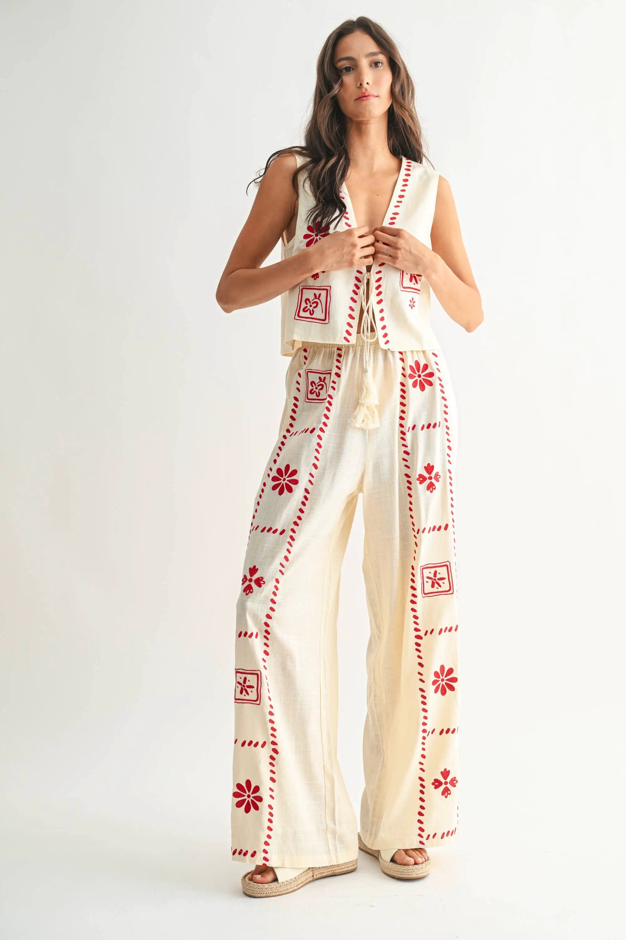 Camellia The Scarlet Stitch Linen Vest & Pant Set – Cream/Red - Outfit Sets