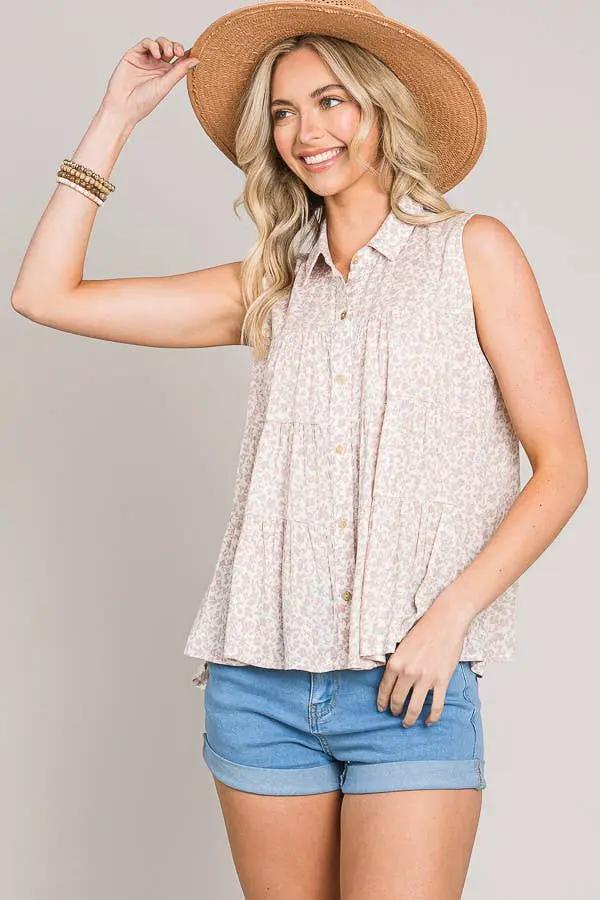 Cerule Ditsy Floral Button Up Sleeveless Ruffle Tiered Woven Shirt - Shirts