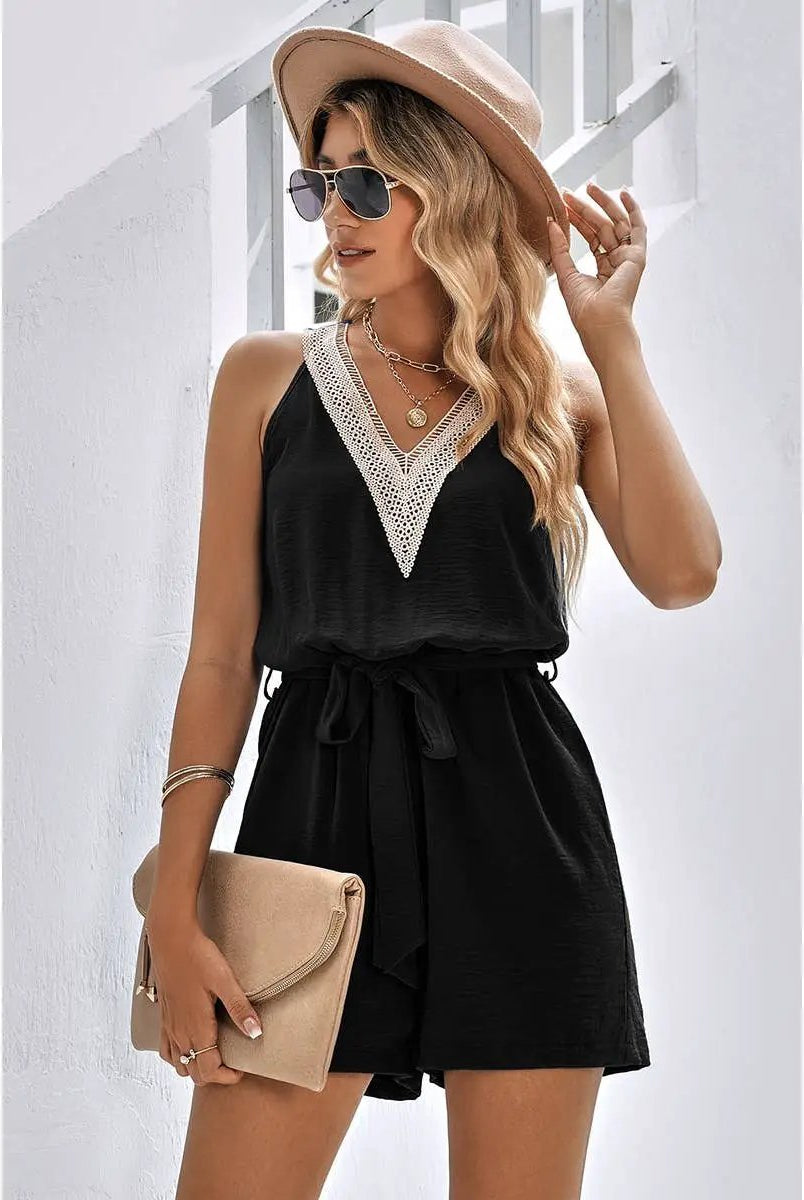 Supreme Fashion Lace Trim V Neck Sleeveless Tank Romper - One-Pieces Lace Trim V Neck Sleeveless Tank Romper