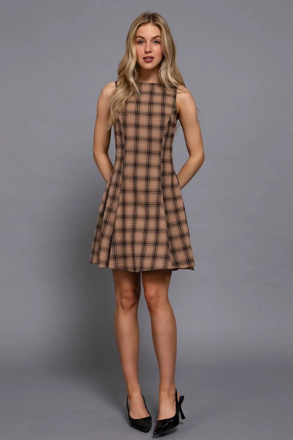Active Basic | Active USA Active Basic | Active USA - Sleeveless Boat Neck Swing Plaid Woven Mini dress in Khaki/Black - Dresses Sleeveless Boat Neck Swing Plaid Woven Mini Dress