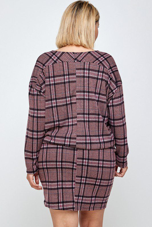 Red and black plaid knit dress.
