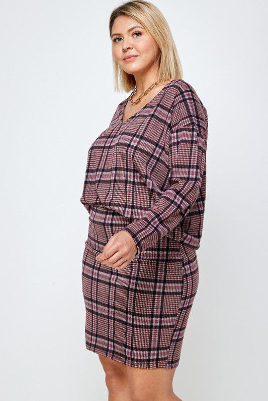 Plus-size mauve plaid sweater and skirt.