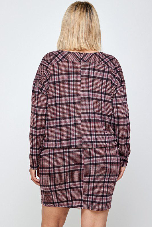 Plaid long sleeve mini dress, back view.