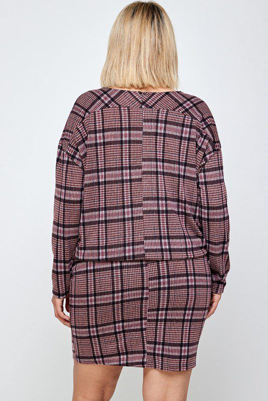 Plaid long sleeve mini dress, back view.
