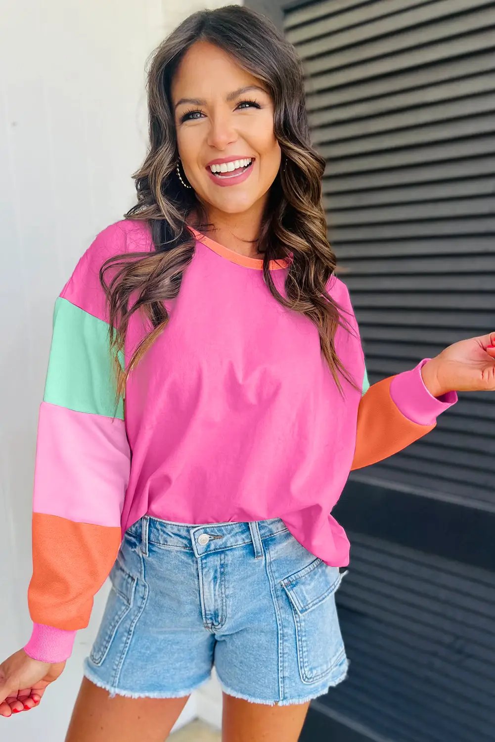Grateful Threads Boutique Rose Red Colorblock Patchwork Long Sleeve Loose Top - Shirts Rose Red Colorblock Patchwork Long Sleeve Loose Top