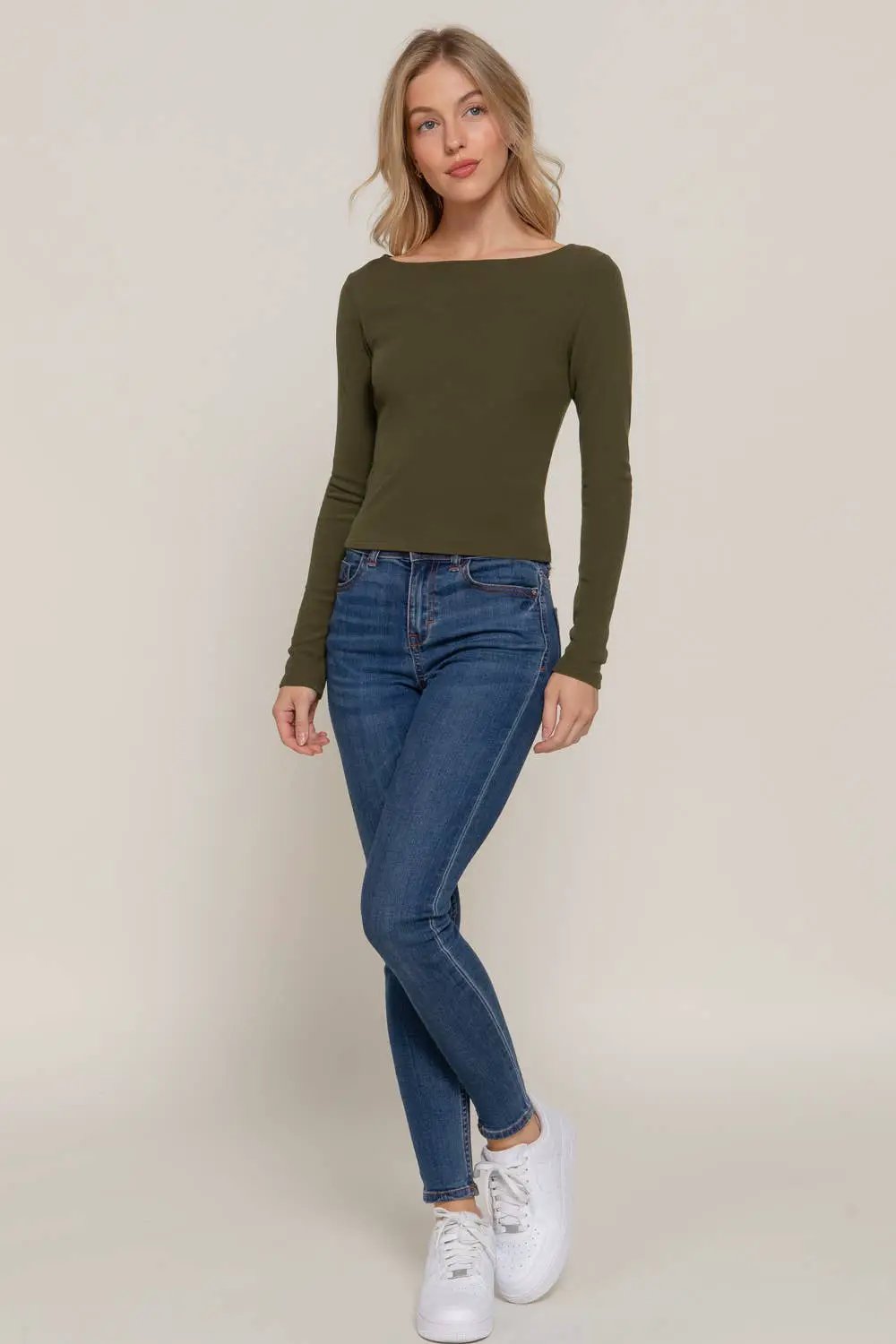 Active Basic | Active USA Active Basic | Active USA - Long Sleeve Boat Neck Brushed Rib Knit Top in Charcoal - Clothing Tops