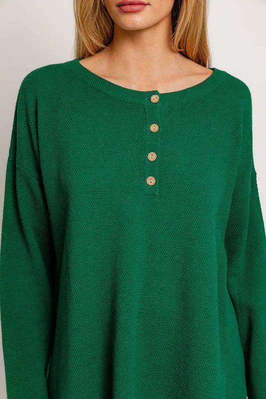 Le Lis LE LIS Dark Green Button Up Sweater Top - Matching Pants Available - Sweaters