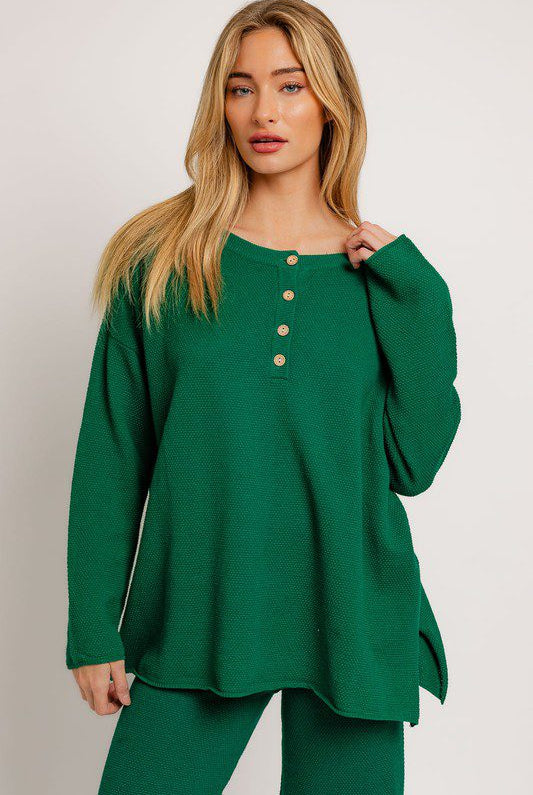 Green waffle knit henley top and pants.