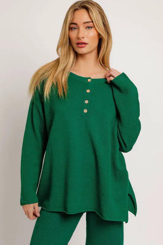 Le Lis LE LIS Dark Green Button Up Sweater Top - Matching Pants Available - Sweaters