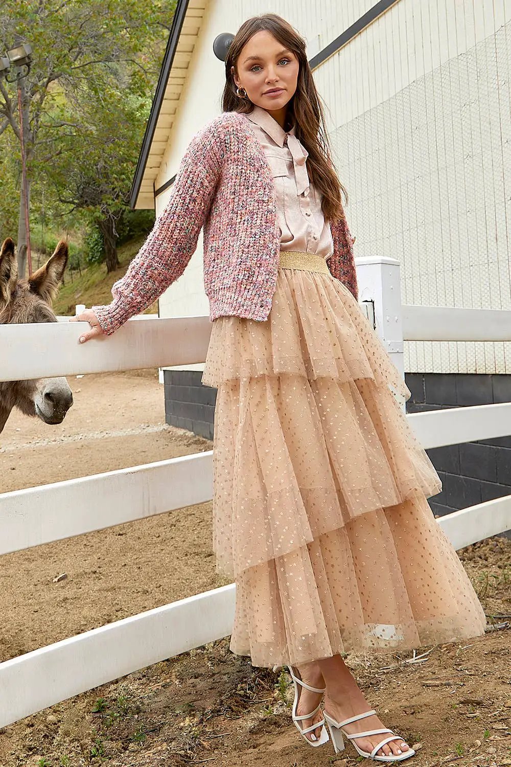 Mystree Mystree Peach/Gold Asymmetrical Tiered Ruffle Tulle Skirt - Skirts