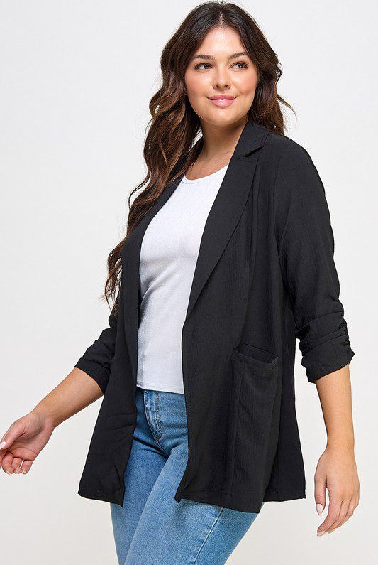 Black linen blazer, plus size model.