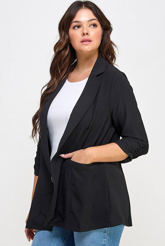 Black blazer with pockets, plus size.
