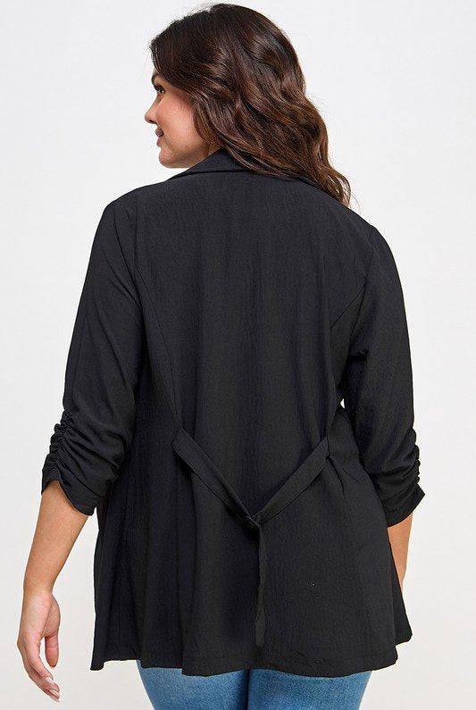 Black plus-size blazer, back view.