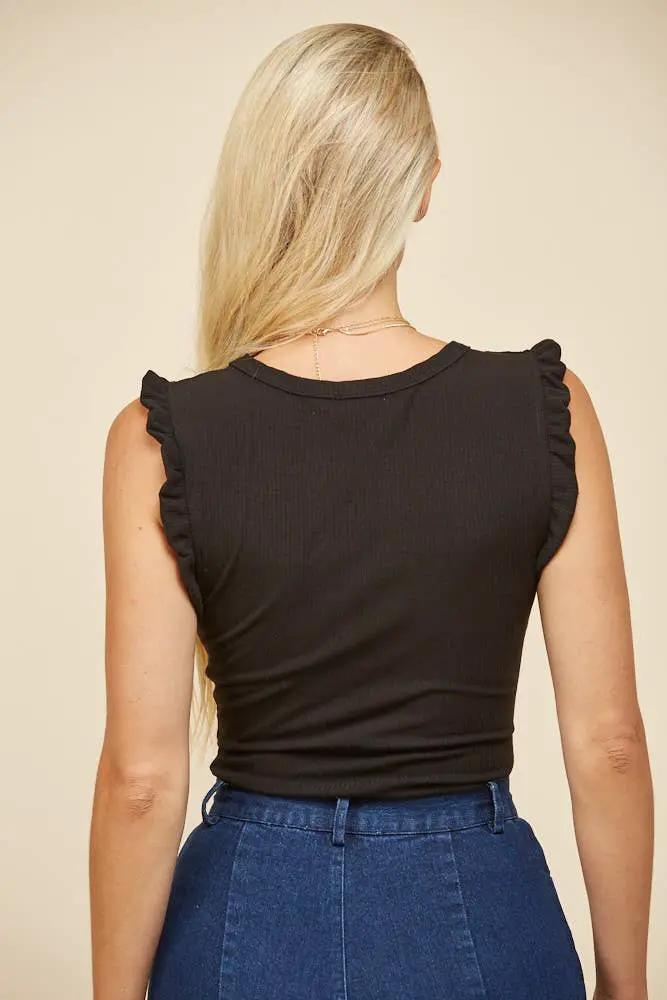 WISTERIA LANE Wisteria Lane - Midnight Muse Ribbed Ruffle Bodysuit - Bodysuits