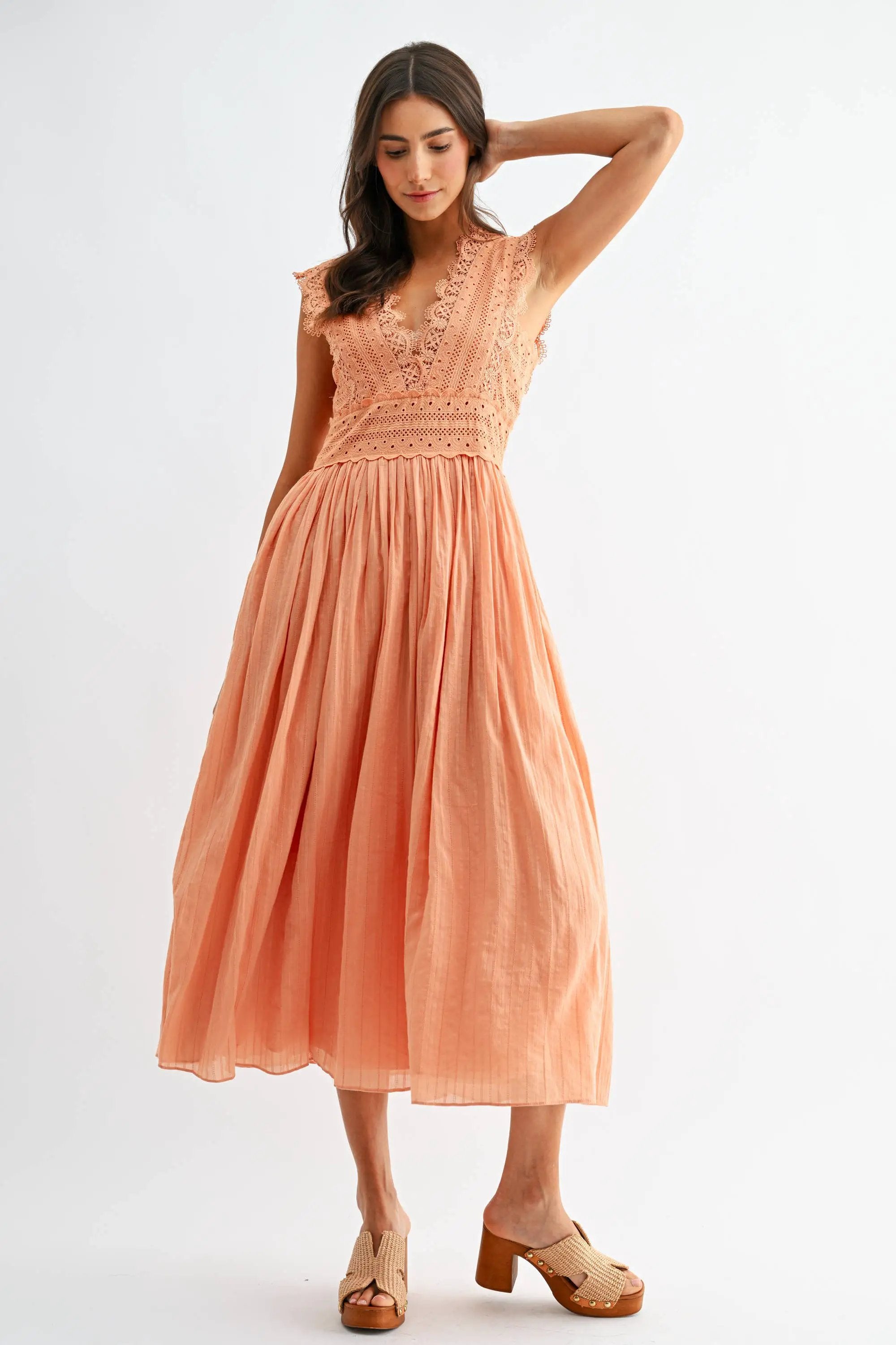 Camellia The Orange Cream Dream Lace Boho Midi Dress - Dresses