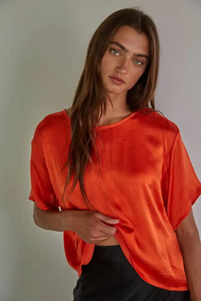 By Together Woven Cupro Viscose Rayon Short Sleeve Top in Red Orange - Blouses
