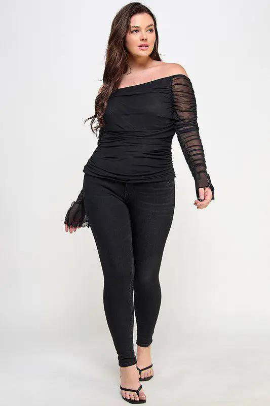 Haute Fox Ruched Mesh Top PLUS - Clothing Tops
