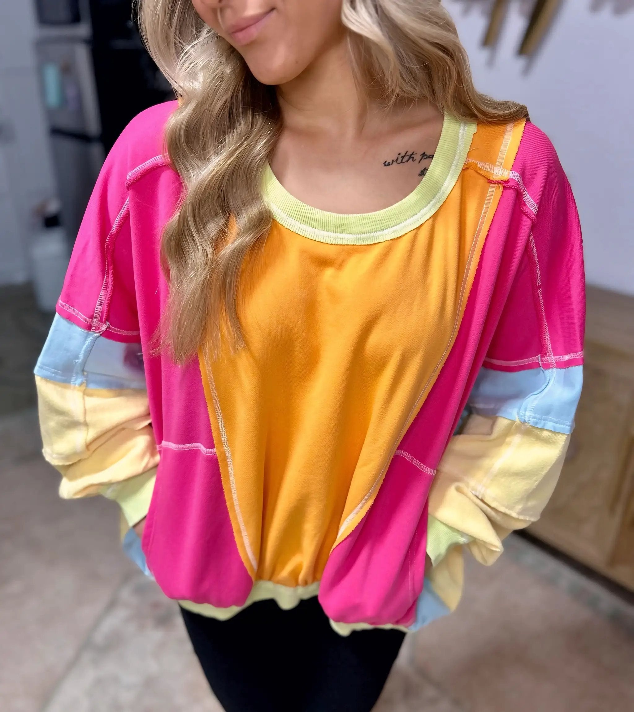 BiBi Colorblock Patchwork Exposed Seam Sweatshirt - Sweatshirts