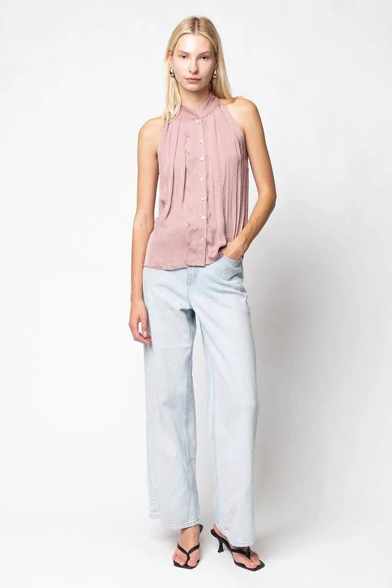 Naked Zebra The Scallop-trim Button Up Sleeveless Top: Tortilla - Blouses