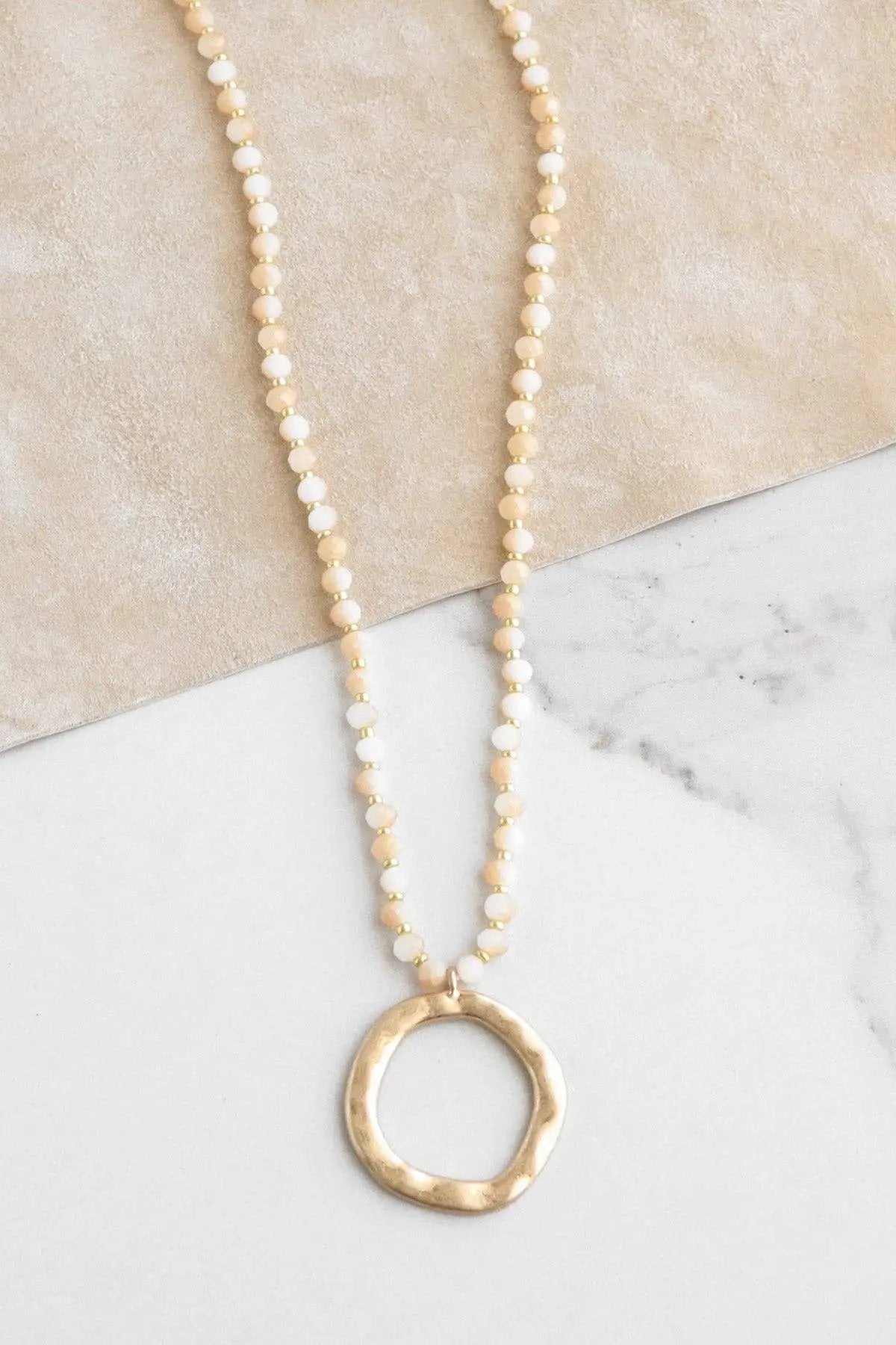PennyLine inc The Light Brown Beaded Necklace with Gold Tone Circle Pendant - Jewelry beaded necklace